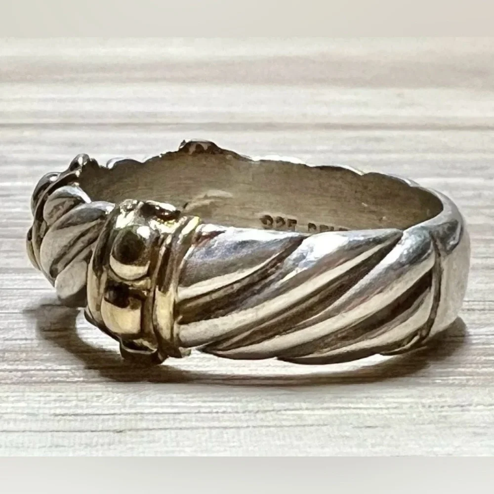 Designer Signed Sterling Silver & 10K Yellow Gold Dotted Cable Ring, Size 6.5